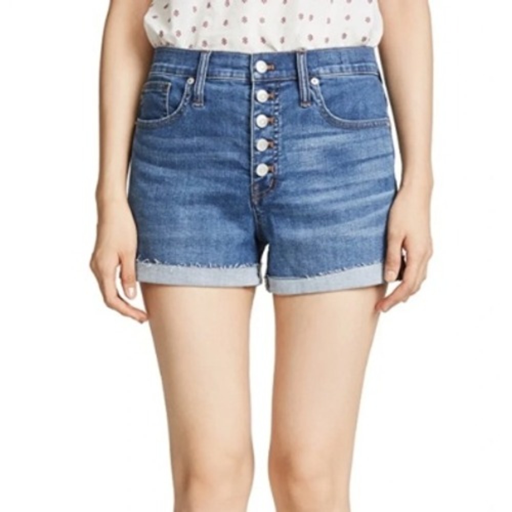 Madewell Denim Shorts womens 37 Blue High Rise Button Fly Cut Off Roll Up Hippie